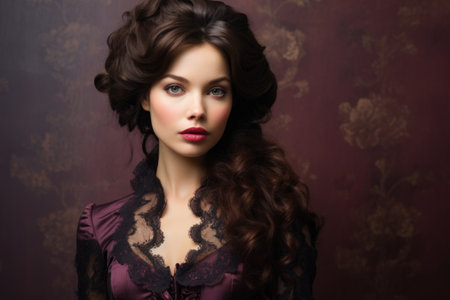 Portrait of a beautiful young woman with long curly hair. Vintage style.の素材
