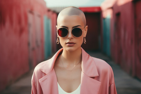 Portrait of a beautiful young woman in a pink coat and sunglassesの素材