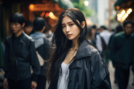 Beautiful young Asian woman walking in the city at night.の素材