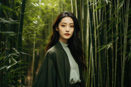 Portrait of a beautiful young Asian woman standing in bamboo forestの素材