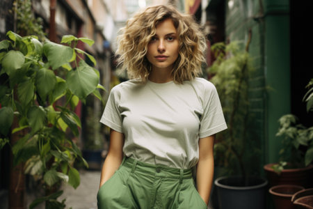 Portrait of a beautiful young blonde woman with curly hair posing on the street.の素材