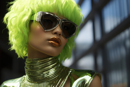 3d rendering of a female mannequin wearing green wig and sunglassesの素材