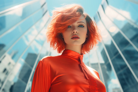 Beautiful young woman with red hair in a red dress on the background of skyscrapersの素材