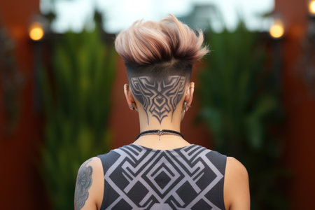 Rear view of young woman with tattoo on her neck in beauty salonの素材