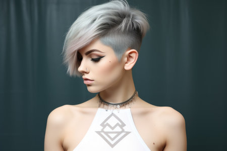 Fashion portrait of a beautiful woman with short hair and silver make-upの素材