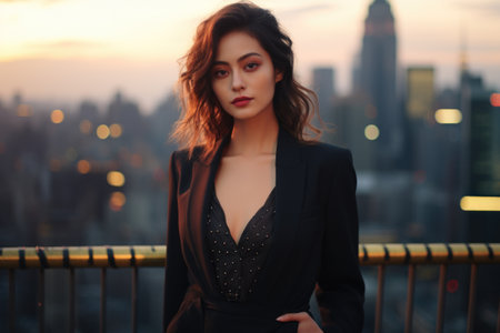 Portrait of a beautiful girl in a black suit on the background of the evening city.の素材
