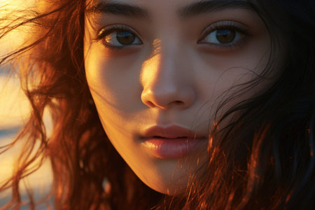 Close up portrait of a beautiful young woman with long hair on the beachの素材
