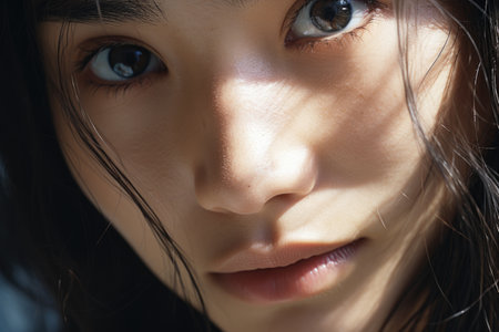 Portrait of a beautiful young woman with long brown hair, close upの素材