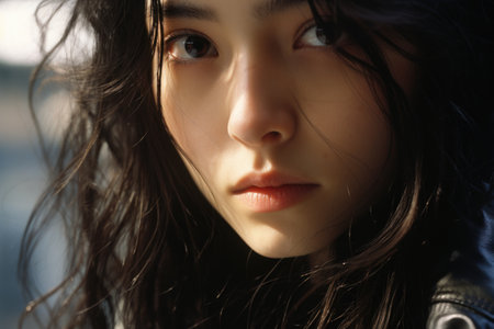 Portrait of a beautiful young woman with long black hair in a blue jacketの素材