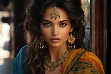 Portrait of beautiful young Indian woman wearing saree and earringsの素材
