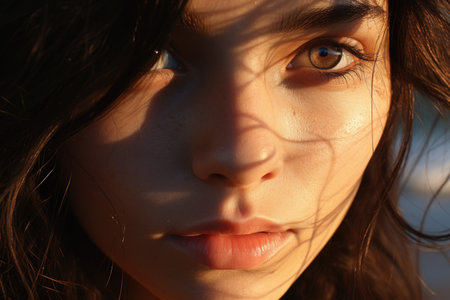 Close up portrait of a beautiful young woman with long brown hair.の素材