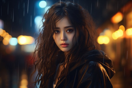 Beautiful Asian woman in rain on the street at night.の素材