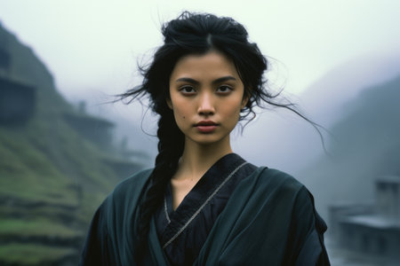 Beautiful asian woman in traditional dress walking in the misty countrysideの素材