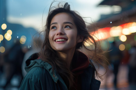 Portrait of a beautiful young brunette woman on the street.の素材