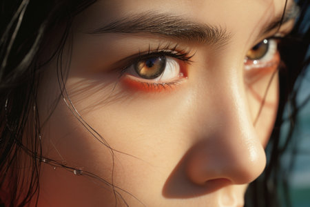 Close up portrait of beautiful young woman with long brown hair and bright makeupの素材