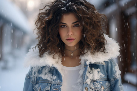Beautiful young girl with curly hair in a blue jacket on a background of a winter street.の素材
