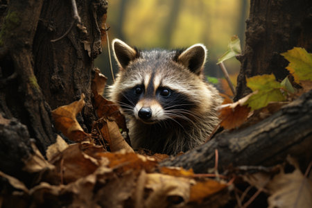 Raccoon (Procyon lotor) in autumn forestの素材