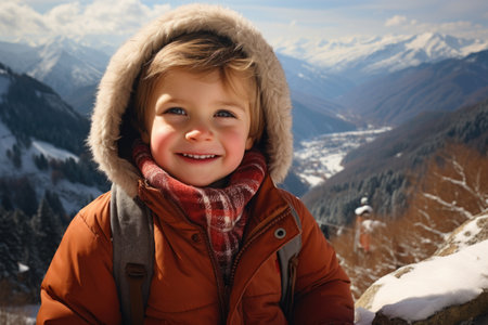 Portrait of cute little boy in winter clothes on background of snowy mountainsの素材