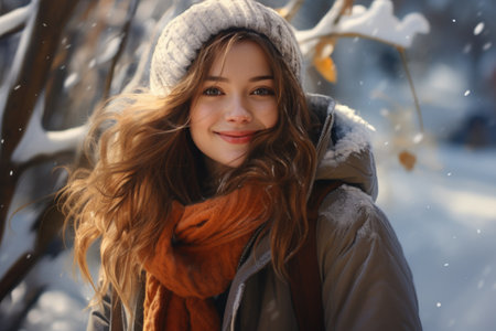 Portrait of a beautiful girl in a warm coat and hat on a background of winter forestの素材