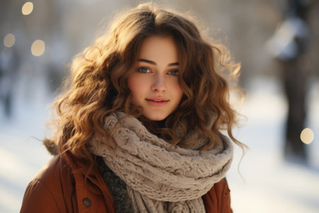 Portrait of a beautiful young woman in a brown coat and scarf on a background of winter parkの素材