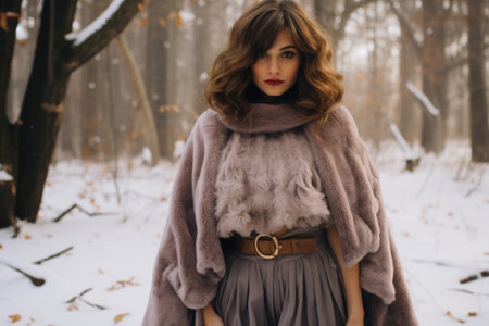 Beautiful girl in a fur coat walks in the winter forest.の素材
