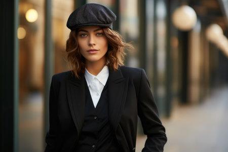 Portrait of a beautiful young woman in a black suit and beretの素材