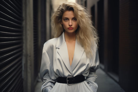 Fashionable young woman in a white coat on the street.の素材