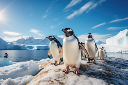 Gentoo penguins on ice floe in Antarctic Peninsula Antarcticaの素材