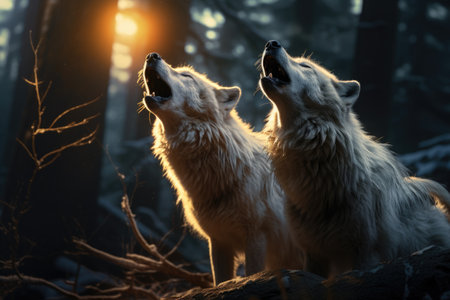 Two wolves are fighting in the forest at sunset. The concept of wild animals.の素材