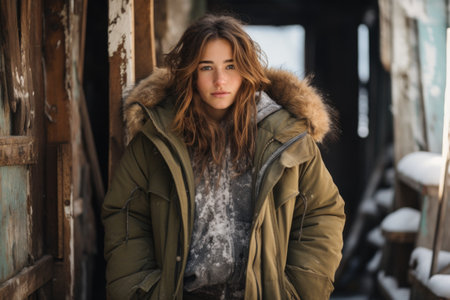 Portrait of a beautiful girl with long hair in a jacket on the street in winterの素材
