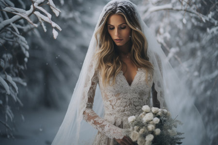 Beautiful blonde bride posing in winter forest with a bouquet of flowersの素材