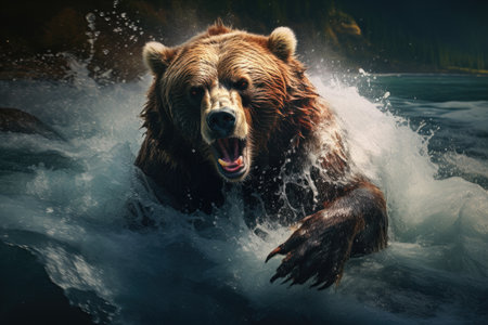 Big brown bear swims in the river. Dangerous animal in nature.の素材