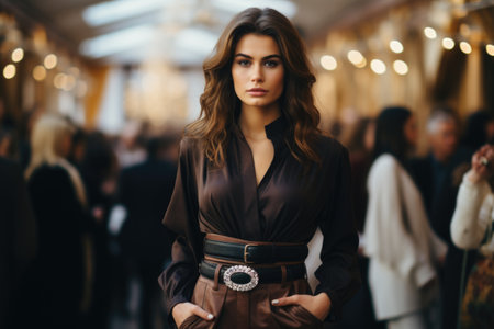 Portrait of a beautiful girl in a brown dress on the background of the storeの素材