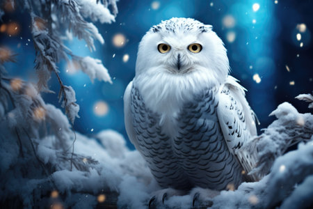 Snowy owl in winter forest. Christmas and New Year theme.の素材