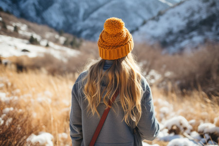 A girl in a knitted hat and a sweater on the background of the mountains.の素材