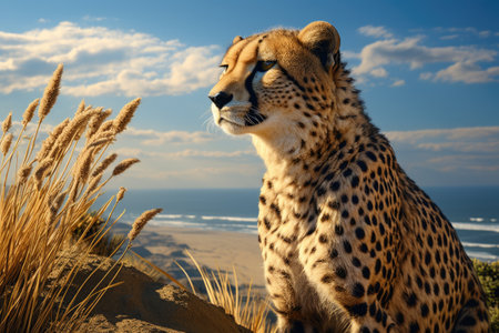 Cheetah sits on a sand dune and looks into the distanceの素材