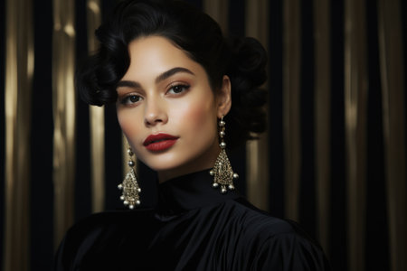 fashion studio photo of gorgeous woman with dark hair in luxurious evening dress and accessoriesの素材