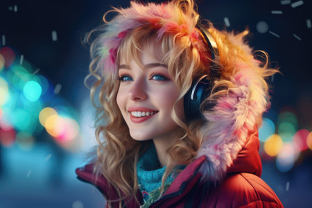 Beautiful young woman with headphones listening to music in the city at nightの素材