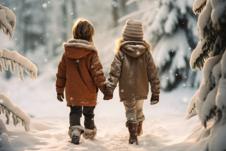 Two little girls walking in the snowy forest. Winter fun for children.の素材