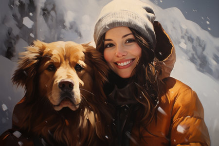 Beautiful young woman with her dog on snowy background, closeupの素材