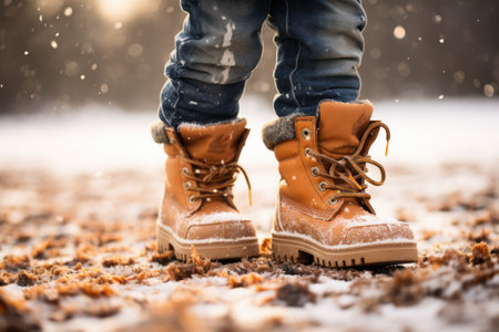 Little boy in winter boots on the snow. Winter fun for children.の素材