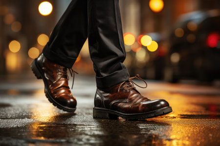 Legs of a man in a business suit on the street at nightの素材