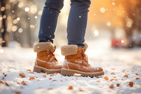Female legs in warm boots and jeans on the background of the winter forestの素材