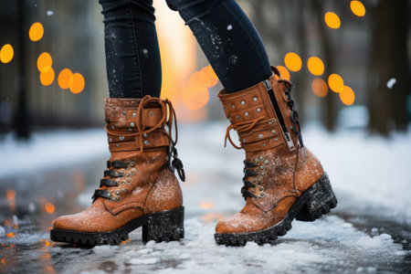 Women's legs in boots on the background of a winter city.の素材