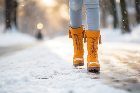 Legs of a girl in yellow boots on the background of a winter parkの素材