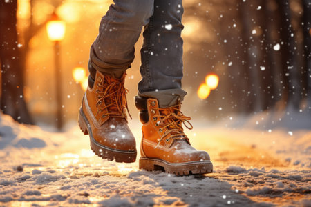 Hiking boots on the background of the winter forest and snowfallの素材