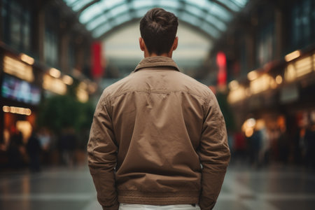 Rear view of a man wearing a brown jacket in a shopping centerの素材