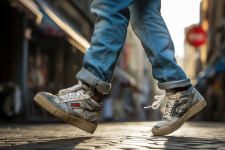 Legs of a man in jeans and sneakers walking on the streetの素材