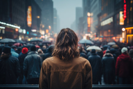 Back view of a young woman walking in Times Square at night.の素材