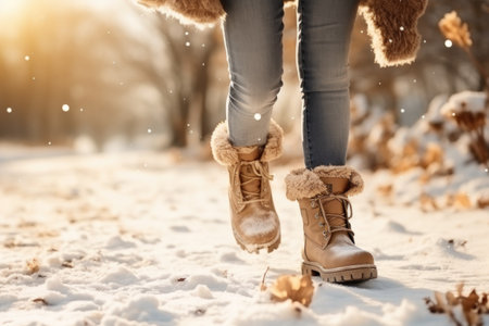 Feet of a young woman in winter clothes on the snow backgroundの素材